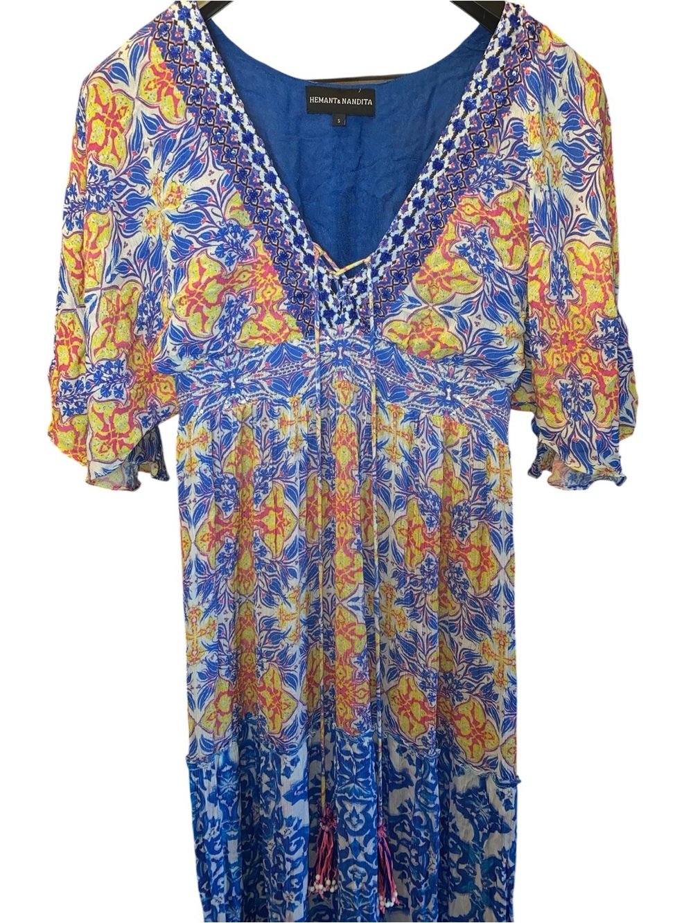 HEMANT & NANDITA kaftan maxi dress royal blue yellow pink Cali Boho resort tall - Picture 5 of 10
